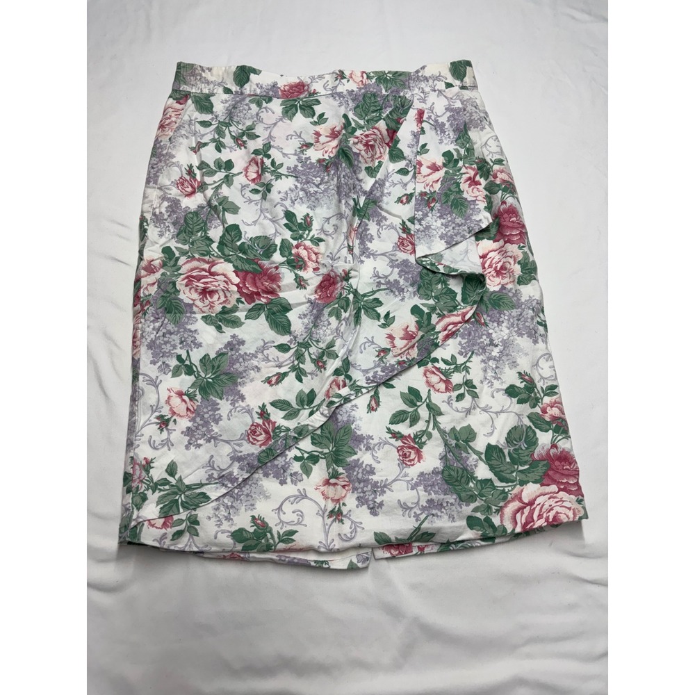 Vintage Scott McClintock Floral Wrap Front Midi Skirt Pink Rose White Size 12